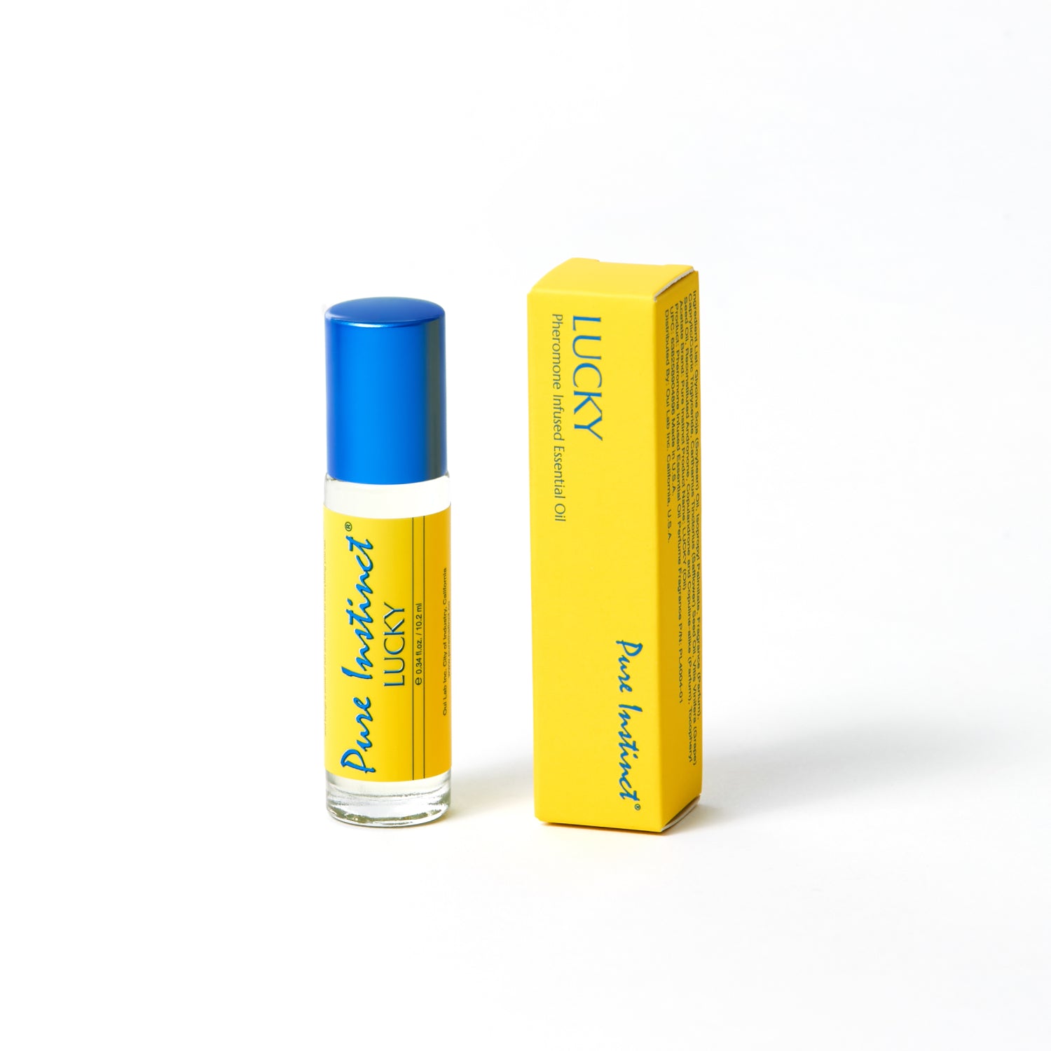 Lucky Roll-On Pheromone Perfume Oil bottles styled on a vibrant yellow background with matching product boxes and caps.