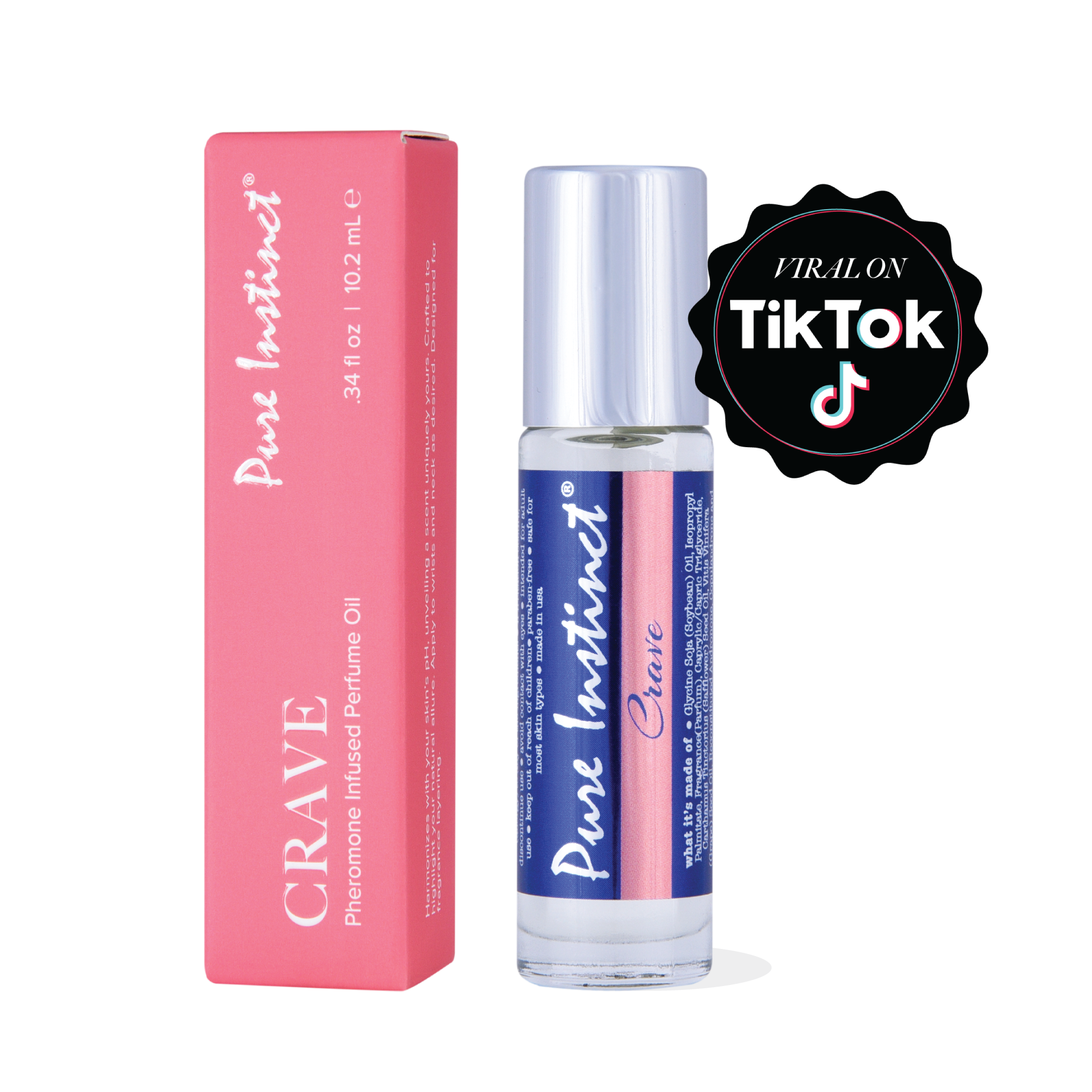 Pure Instinct Crave Roll-On Pheromone Perfume Oil standing elegantly on a soft-toned pedestal, showcasing its sleek design and bold gradient label.